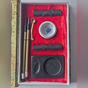 Chinese Calligraphy Set Original Brocade Box Two Brushes Dragon Ink Sticks Spoon